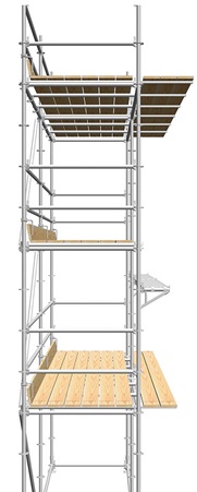Layher Dutch masonry scaffolding with extended support ledgers and wooden planks